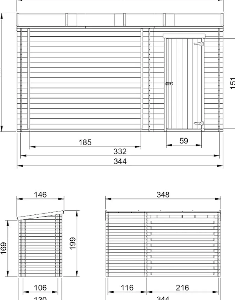 Abri de jardin+ chalet pour vélos - 348 x 146 cm - 2,54 m2+1,1 m2