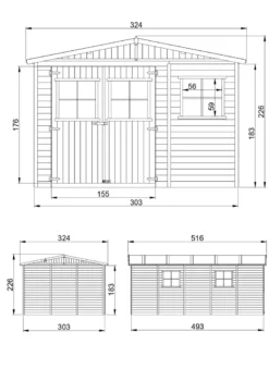 Abri de jardin en bois avec les planchers imprégné h226x324x516 cm - 15 m²