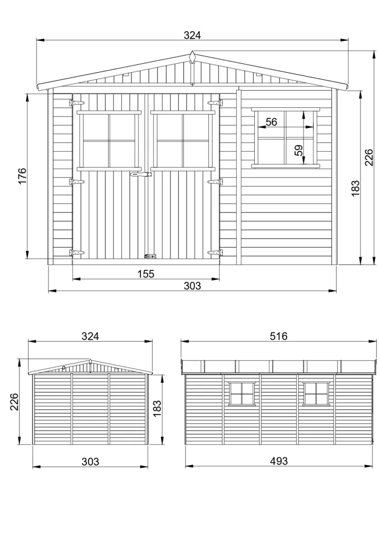 Abri de jardin en bois avec les planchers imprégné h226x324x516 cm - 15 m²