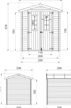 Abri de jardin en bois avec sol traité - l236xl226xh218 cm - 4.33m2