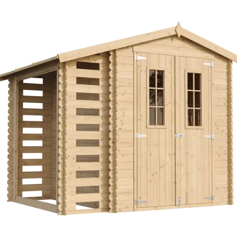 Abri de jardin en bois et range bûches extérieur avec sol traité 3,53+0,97m2