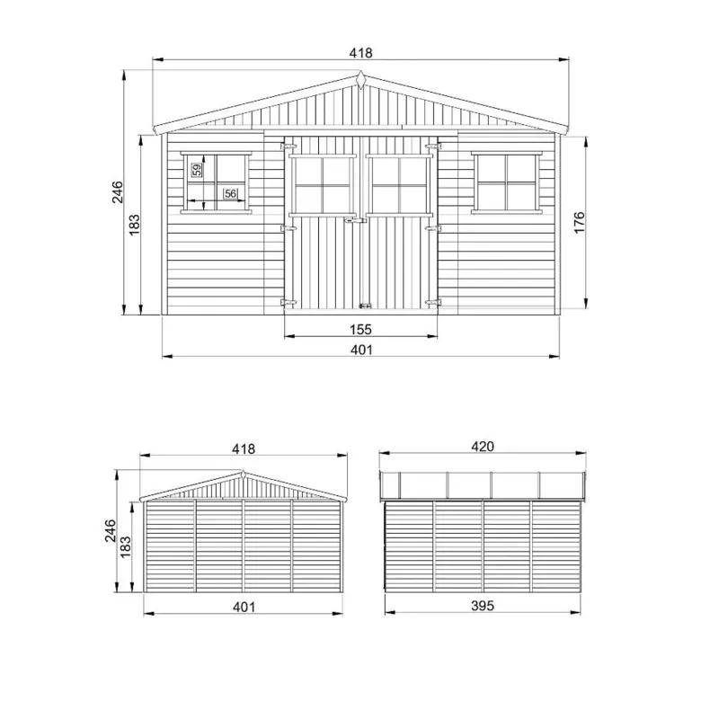 Abri de jardin en bois naturel - h246 x 418 x 420 cm- 16 m²