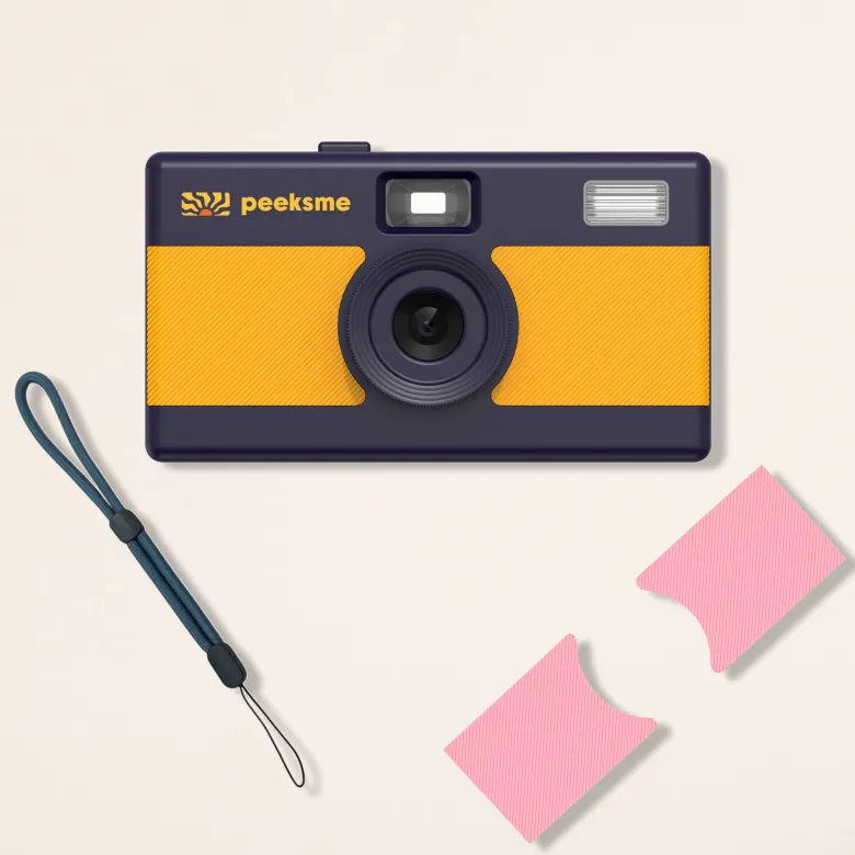 Appareil photo peeksme jaune + 1 paire de clips rose + 1 lanière bleue