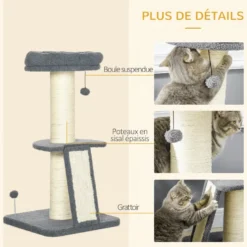 Arbre à chat 3 griffoirs plateforme panier 2 boules suspendues gris