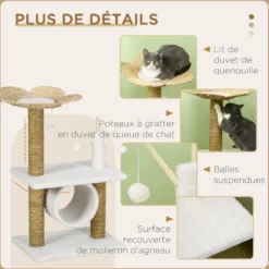 Arbre à chat style cosy chic fleur peluche blanche quenouille tressée