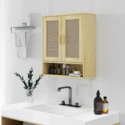 Armoire murale salle de bain wc style bohème effet rotin bois clair