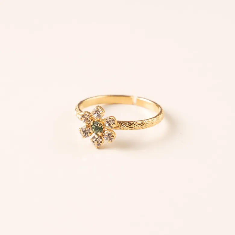Bague réglable dorée fleur cristal vert