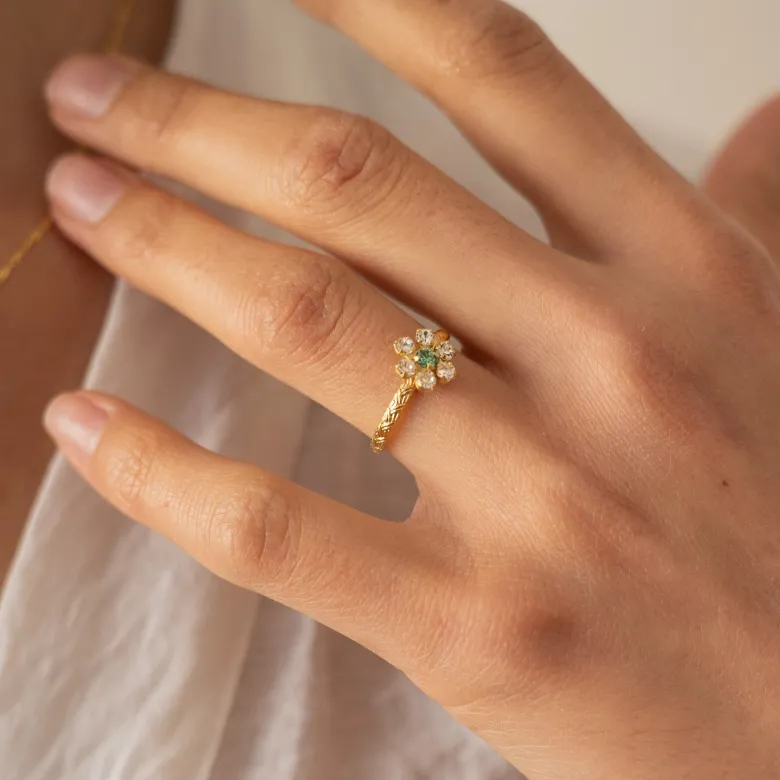 Bague réglable dorée fleur cristal vert