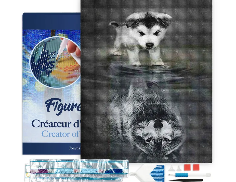 Broderie diamant chien et reflet de loup