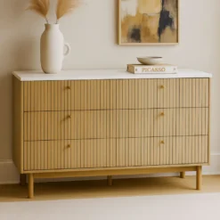 Brox buffet 6 tiroirs aspect bois rainuré et blanc 120cm
