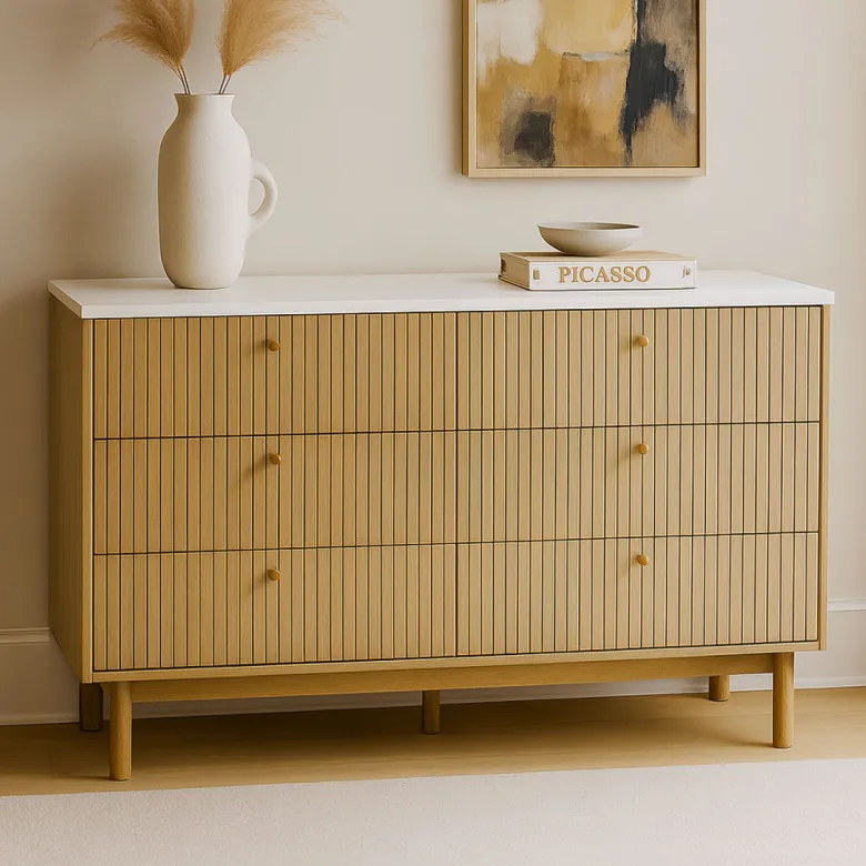 Brox buffet 6 tiroirs aspect bois rainuré et blanc 120cm