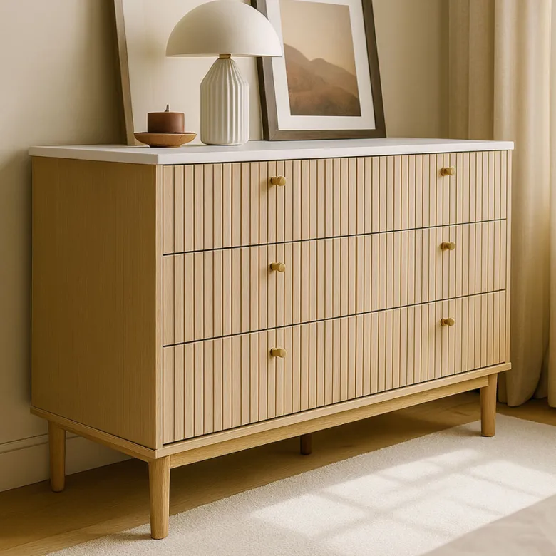 Brox buffet 6 tiroirs aspect bois rainuré et blanc 120cm