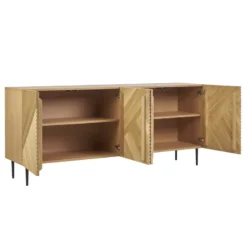 Buffet en bois clair chêne massif gravé et métal noir 4 portes l180 cm archipel
