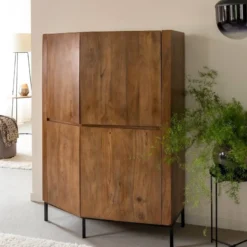 Buffet haut en bois massif et travertin
