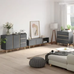 Buffet 2 portes 2 étagères 3 tiroirs design scandinave gris aspect bois clair