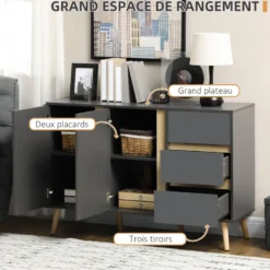 Buffet 2 portes 2 étagères 3 tiroirs design scandinave gris aspect bois clair