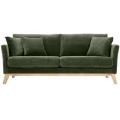 Canapé déhoussable 3 places en tissu effet velours vert kaki et bois clair oslo