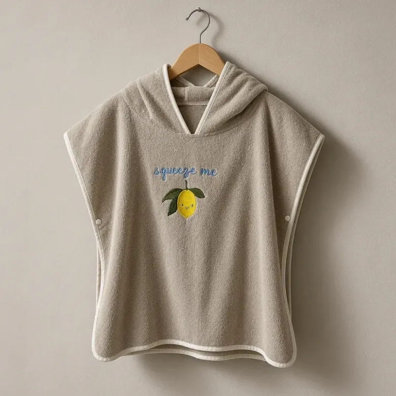 Cape de bain bébé à capuche, éponge 70 x 70 cm, broderie citron
