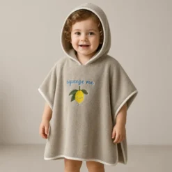 Cape de bain bébé à capuche, éponge 70 x 70 cm, broderie citron