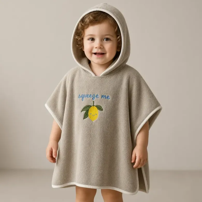 Cape de bain bébé à capuche, éponge 70 x 70 cm, broderie citron