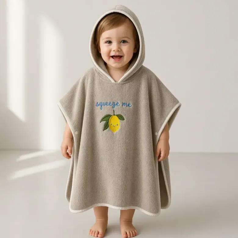 Cape de bain bébé à capuche, éponge 70 x 70 cm, broderie citron