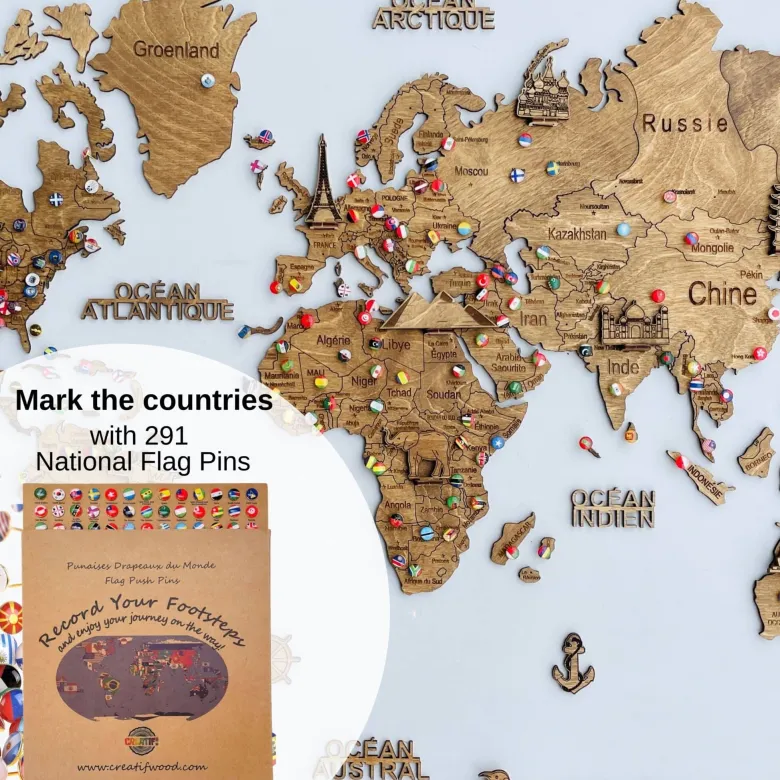 Carte du monde en bois 3d ambrée xl