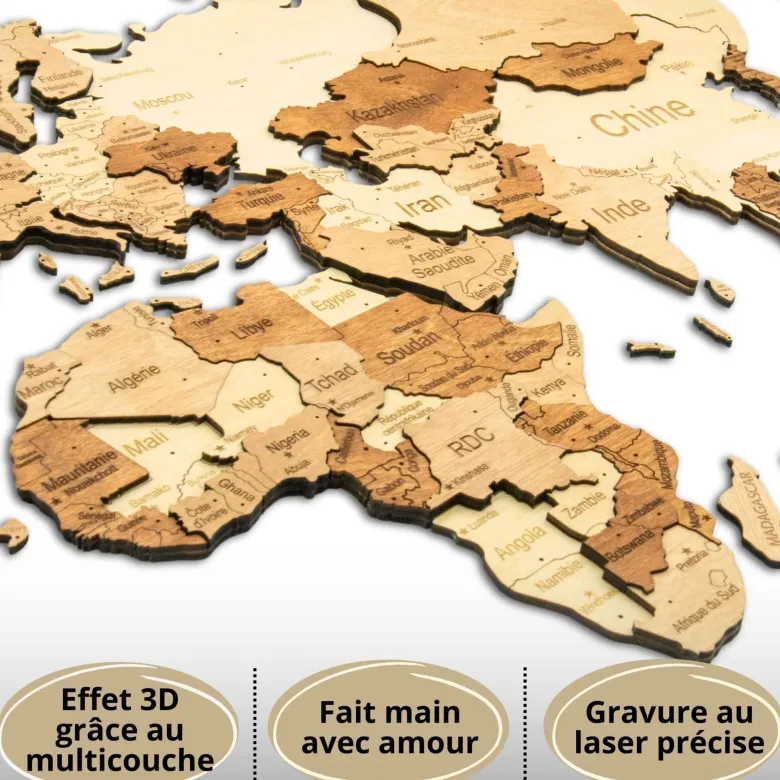 Carte du monde en bois 3d ambrée xl