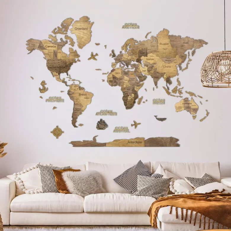 Carte du monde en bois 3d chocolate xl