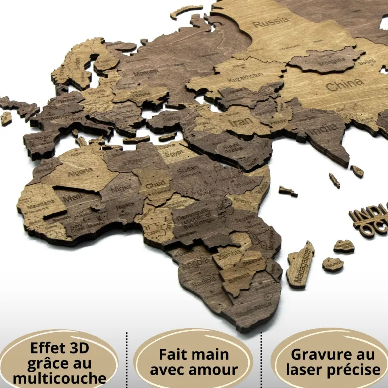 Carte du monde en bois 3d chocolate xl