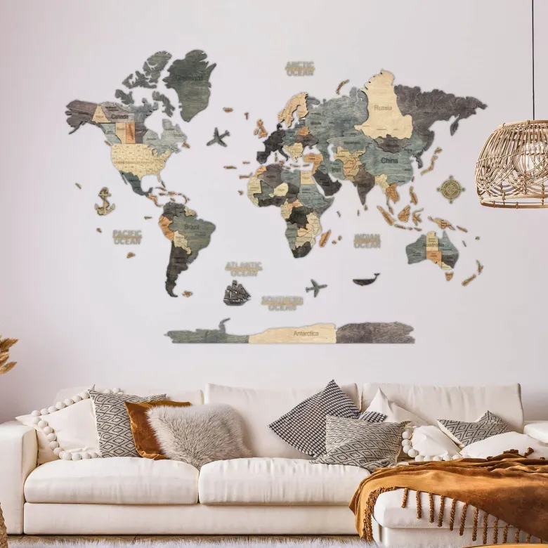 Carte du monde en bois 3d graphite xl
