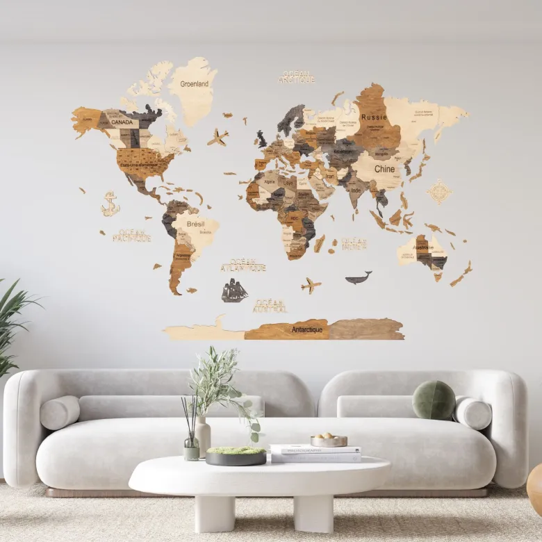 Carte du monde en bois 3d multicolor xl