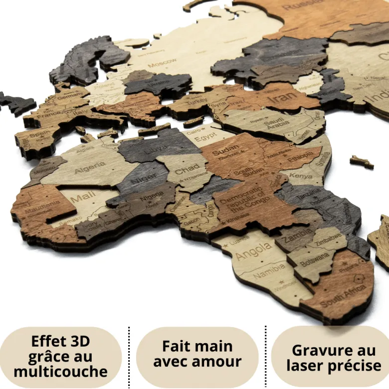 Carte du monde en bois 3d multicolor xl