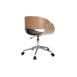 Chaise de bureau à roulettes noir, bois clair et acier chromé bent
