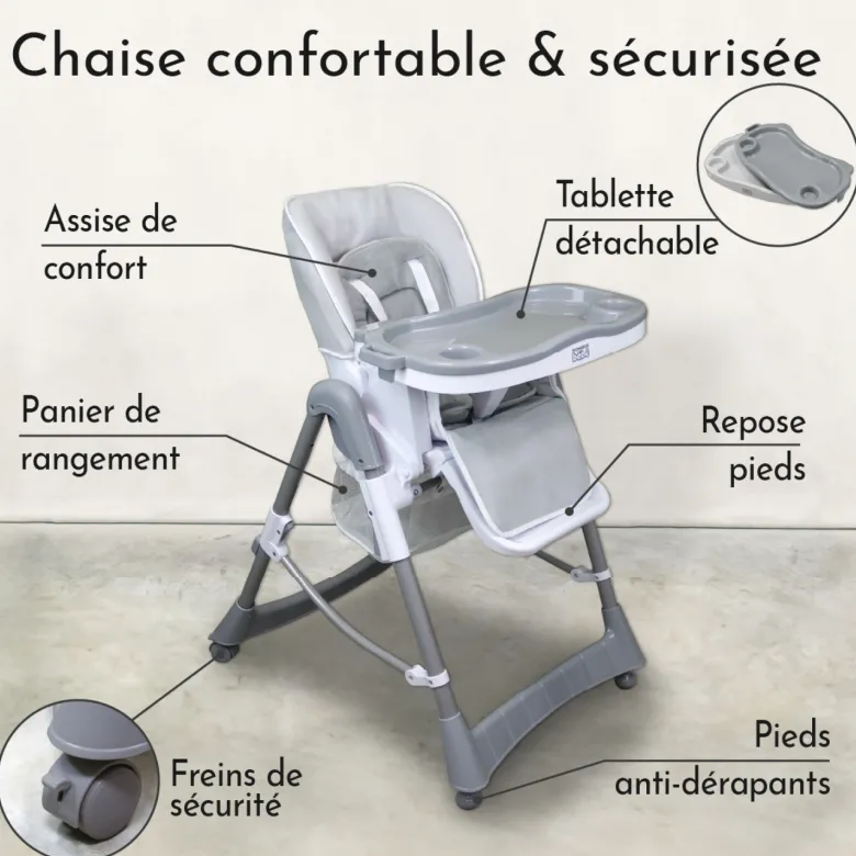 Chaise haute bébé pliable - gris clair