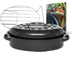 Cocotte en acier émaillé + grille + livre de recette, roaster - 4l - graniteware