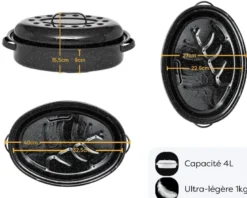 Cocotte en acier émaillé + grille + livre de recette, roaster - 4l - graniteware