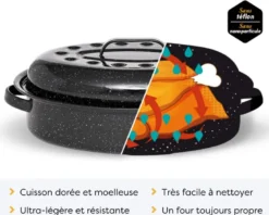Cocotte en acier émaillé + grille + livre de recette, roaster - 4l - graniteware