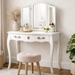 Coiffeuse 1 tiroir en bois blanc cassé l Blanc