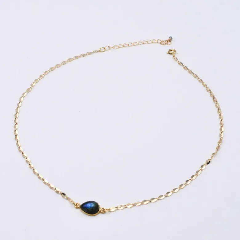 Collier choker ras du cou, plaqué or, pierre goutte labradorite bleu vert