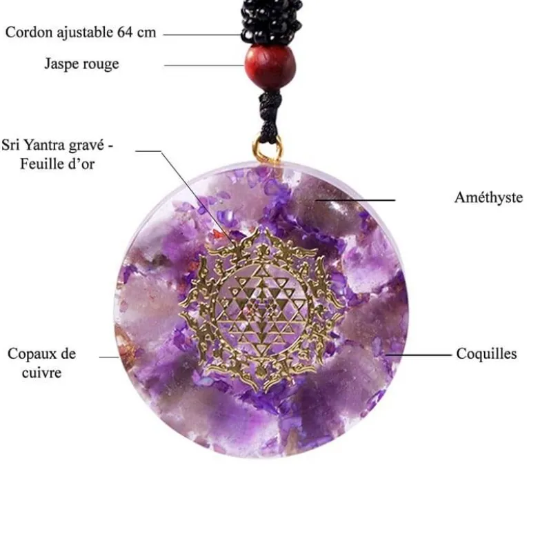 Collier pendentif orgone yoga améthyste