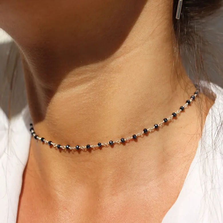 Collier ras du cou chocker, chaîne argent 925, pierres noires