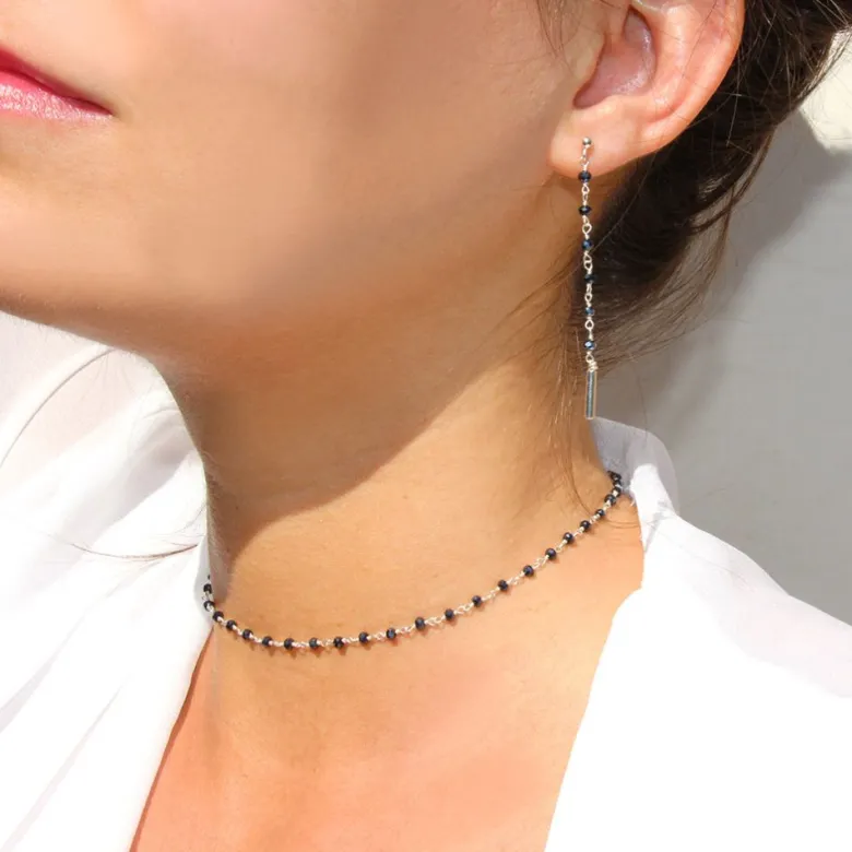 Collier ras du cou chocker, chaîne argent 925, pierres noires