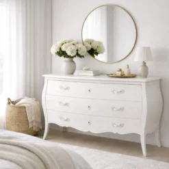 Commode longue 3 tiroirs en acajou blanc Blanc