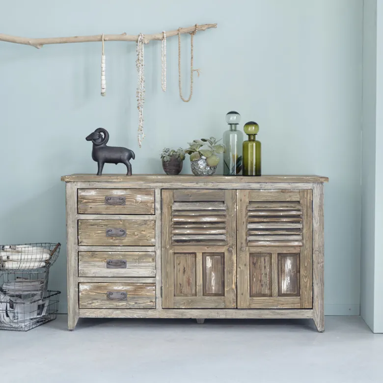 Commode pin recyclé 2 portes 4 tiroirs