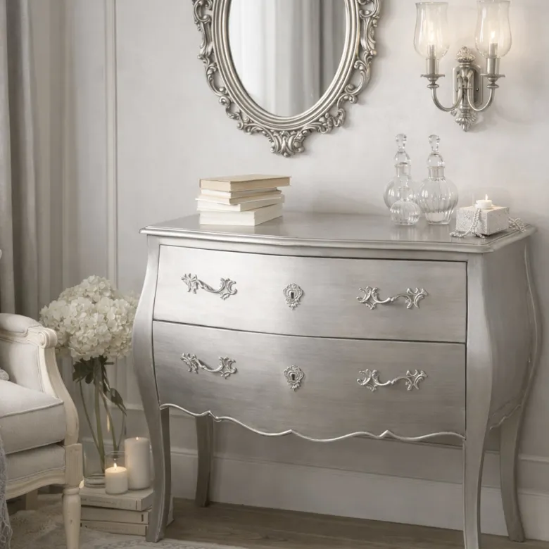 Commode 2 tiroirs argentée l80 cm murano Gris