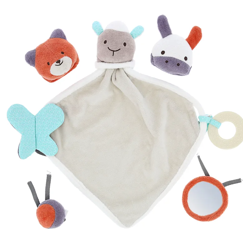 Doudou gris-motifs bleu coton bio
