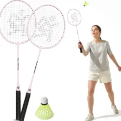 Ensemble de badminton hypermotion 2 raquettes acier et volant rose