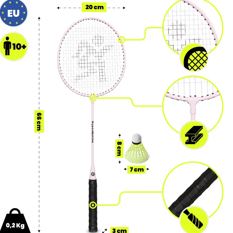 Ensemble de badminton hypermotion 2 raquettes acier et volant rose