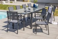 Ensemble repas 10 à 12 places en aluminium et plateau verre - gris anthracite
