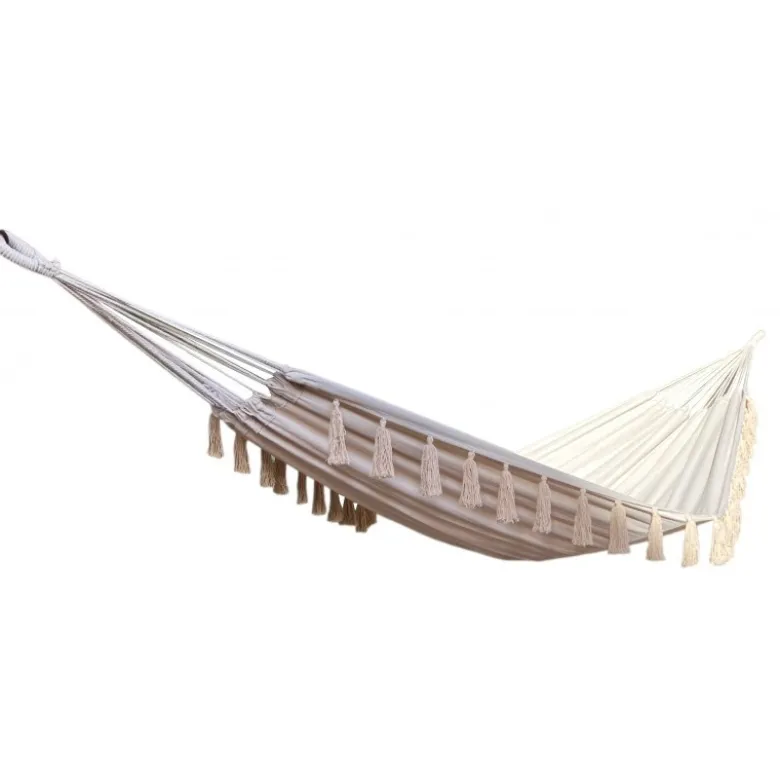 Ensemble support bois avec hamac simple écru à pompons